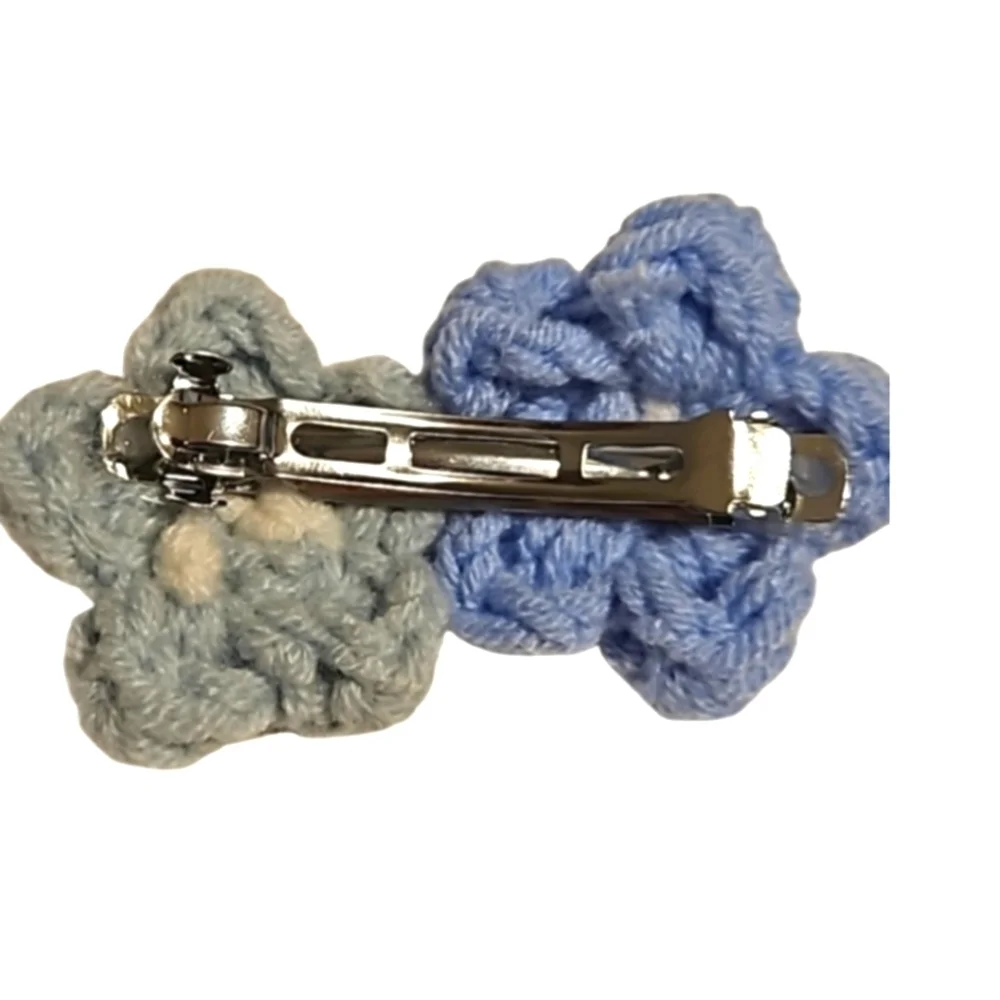 Hand Crafted TikTok Trend Hair Barrette Crocheted Puffy 2-Flowers Blue & White